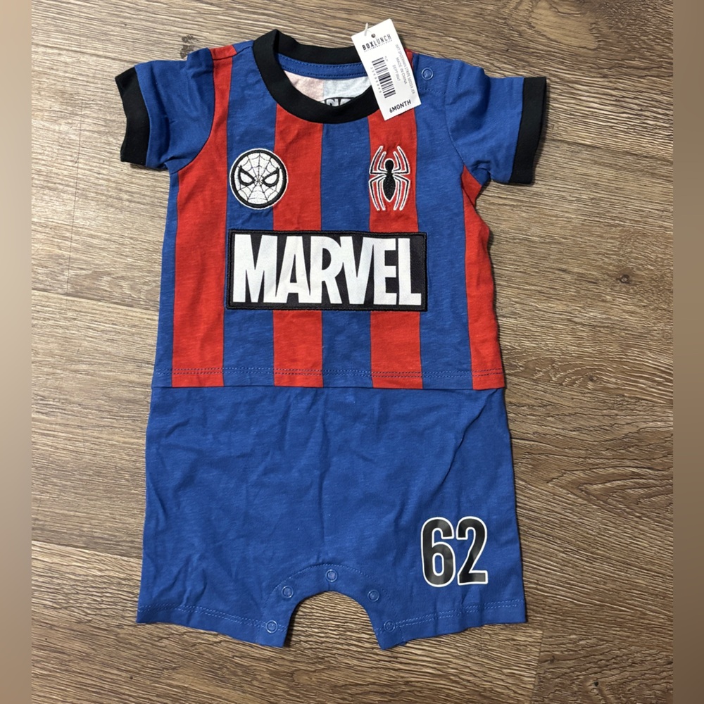Baby 6M, 100% cotton. New with tags. Marvel Spider-Man striped baby onesie